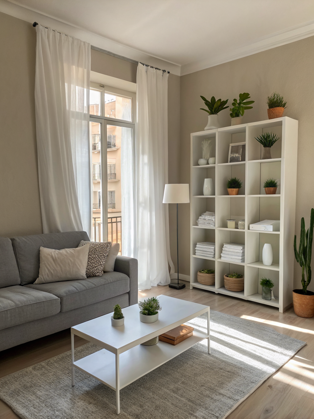 A calm, minimalist living room with organized shelving and soft lighting