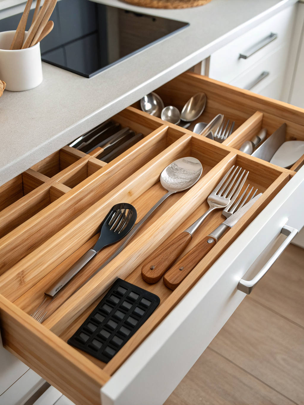 Detail of an organized kitchen drawer with bamboo dividers